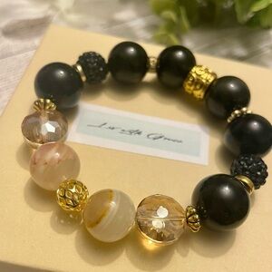 Black Onyx and Beige marble Quartz 14 mm Bracelet gold accents, stretch